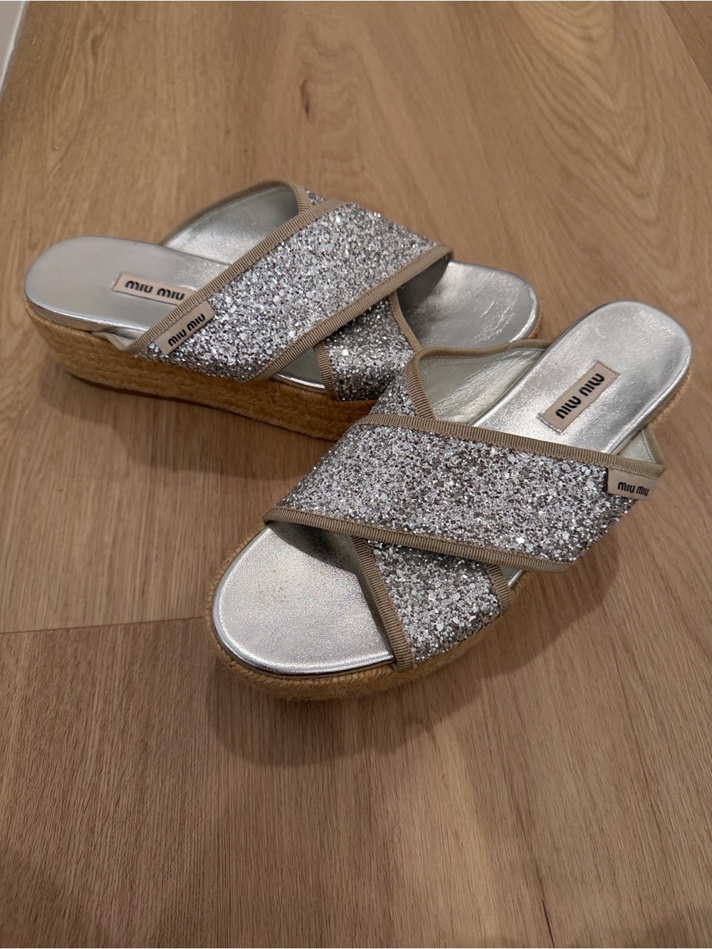 Miu Miu Silver Glitter Espadrille Slide Sandals. Size 8.5. Can fit a size 9